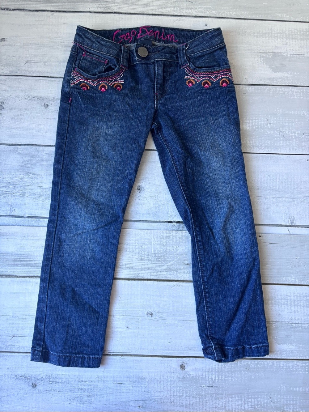 GAP Dark Blue Straight Leg Jeans with Pink Embroidered Accents